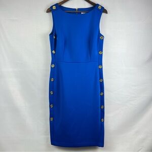 Calvin Klein Royal Blue Gold Buttons Sleeveless Midi Dress Office Size 10